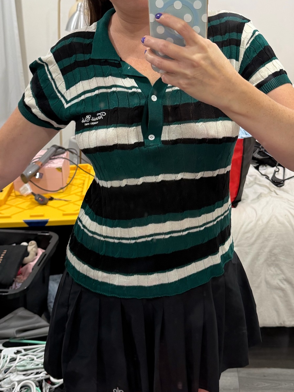 ASOS Green, Black & White Striped Polo Knit Top
